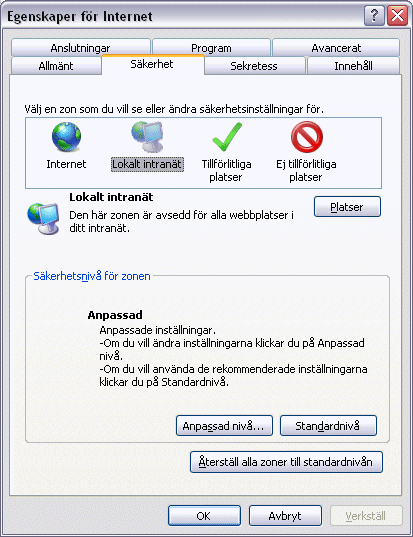 Kontrollpanelen, Internetalternativ, fliken Säkerhet